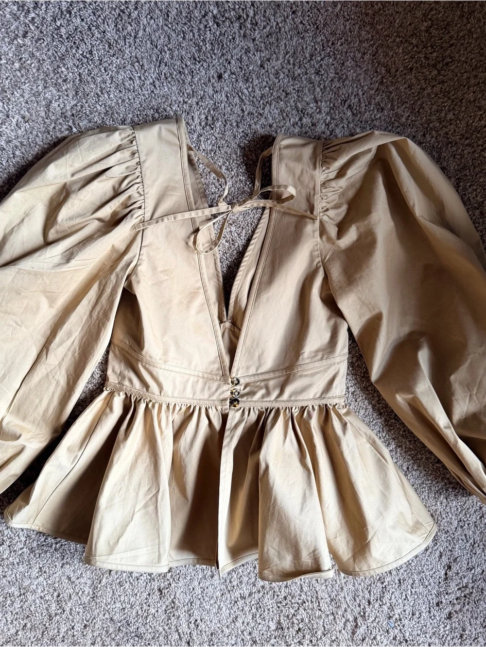 STAUD Beige Cotton Peplum Puff Sleeve Blouse
